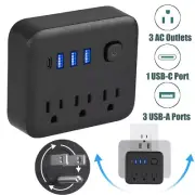 Surge Protector Wall Outlet Extender 180° Rotating Plug 3 AC + 3 USB-A + Type c