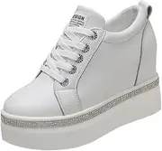 [Gikleihwy] Hidden Wedge Sneakers for Women's, High Top Platform Rhinestone Breathable Dressy Sports Shoes Lace-up Non-Slip Sneakers 3.34in Heel high(White,7.5 US)