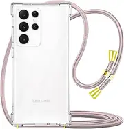 YESPURE Case for Samsung Galaxy S22 Ultra with Adjustable Crossbody Neck Cord Strap,Lanyard Phone Case for Galaxy S22 Ultra,Clear Soft Slim TPU Anti-Yellowing Shockproof Protective Cover - Rose Gold