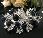 Silver tone elegant wedding blue color crystal bridal hair comb ha274225blue