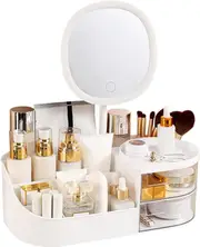 Makeup Organizer with Rechargeable Mirror,Makeup Brush Holder with 2 Drawers for Vanity,Bedroom,Bathroom