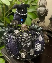 ONE O A KIND HANDMADE HALLOWEEN JEWELED QUEEN OWL PUMPKIN TABLE DECOR 8X11"