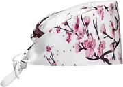 [POCUK] Cherry Blossoms Tree Comfortable Cleaning Work Cap Cooking Catering Chef Kitchen Beanie Adjustable Strap Black, Black, One Size