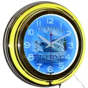 15" I'D RATHER BE FISHING! Double Neon Clock Garage Man Cave Decor (yellow)