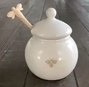 Pottery Barn White, Ivory BEE Honey Pot with Wooden Dipper Wand Spoon—MINT!