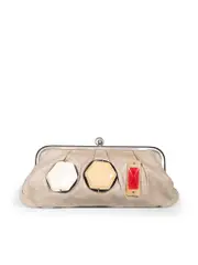 Beige Leather Embellished Clasp Clutch