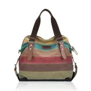 Women Casual Stripe Canvas Handbag Micro-Fibric Leather Shoulder Bag Contrast Crossbody Bags