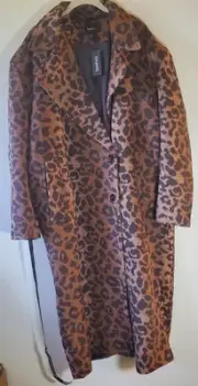 Boohoo Womens Sz 16 Leopard Print Oversized Wool Look Coat Long Vented Button Up