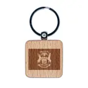 Michigan State Flag Engraved Wood Square Keychain Tag Charm