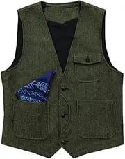 [HEYDHSDC] Men Herringbone Brown Formal Vest V Neck With Pocket Wedding Birthday Business Suit Waistcoat Army En8 M
