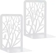 2 Pieces Bookends, White Decorative Metal Book End Holder, Book Ends for Shelves, Anti Slip Book Stopper for for Home Office Library School(IronBirdTree-2, White)