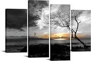 LevvArts - 4 Panel Black and White Canvas Print Wall Art Lonely Tree in Sunrise Picture Ocean Seacape Painting Modern Home Ofiice Wall Decor Framed and Ready to Hang
