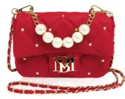 Badgley Mischkam Mini Stud Flap Quilted Chain Crossbody Top Pearl Handle Red NWT