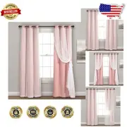 Elegant Pink Grommet Blackout Curtains with Sheer Overlay, Set of 2 Panels