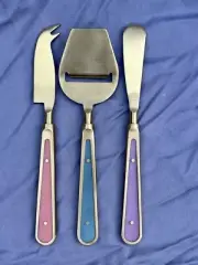 Vintage CHEESE KNIFE SET W/Slicer 3 Pcs Gold With Pastel Pearled Handles 7" Gift