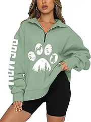 [LOTUCY] Dog Mom Sweatshirts Women Funny Dog Paw Graphic Shirts Mama Quarter Zip Long Sleeve Pullover Tops