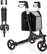 Costway 3 Wheel Rollator Walker, Folding Aluminum Rolling Walker w/Zippered Storage Bag, Safe Dual Brake System & 8" Wheels, Lightweight Medical Standard Rollator for Elderly Seniors (Black)