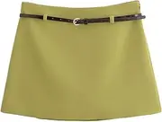 [STKARCV] Women's Mid Waist Solid Mini with Belt, Side Zipper, Female Skirts