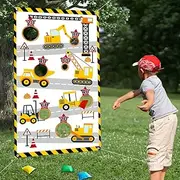 Construction Truck Toss Game Banner with 4 Bean Bags ，Indoor Outdoor Excavator Throwing Theme Party Game Banner with 7 Score Holes for Boys Kids Teens Adults Birthday Party Decorations （Yellow）