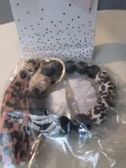 SILICONE BEADED BRACELET TASSEL KEYCHAIN CHEETAH PATTERN W/GIFT BAG