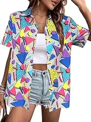 [otistyl] 80s 90s Outfits for Women Hawaiian Retro Party Disco Neon Outfits Neon Short Sleeve Button Down Blouse Tops