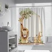 Cartoon Zoo Shower Curtain Lion Giraffe Elephant Bird Family Water-Resistant Long Bathroom Curtains with Metal Grommets and Hooks 120 x 200 cm