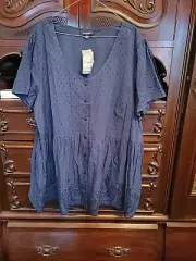 NAVY COTTON BRODERIE LONG TOP NEW SIZE 22 24 PLUS