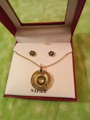NAPiER Necklace And Earrings Set NIB Dark Green And Light Green Rhinestones ...