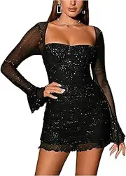[Generic] Women's Sheer Long Sleeve Bodycon Mini Dress Sexy Sparkly Sequin Ruched Mesh Party Going Out Dresses