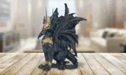 Medieval Black Dragon w/ Golden Mask Statue 9.5"H Fantasy Figurine Room Decor