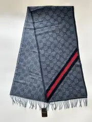 Gucci Nikky Wool Alpaca Monogram Web Blue Scarf Shawl Fringe Nwt