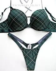 VICTORIA'S SECRET PINK Super Push-Up Bra & Thong Panty Set VS Green Plaid Cotton