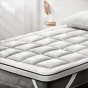 Mona Bedding Pillow top Mattress Topper, 2Layer 7cm Thick Microfibre Cover with 4 Elastic Bands, Bed Mattress Protector Mat Pad Underlay Cover for Queen Size Bed Soft and Breathable Q 203x153cm White