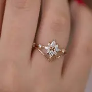 Unique Flower Engagement Ring Marquise Cut Cubic Zirconia Sterling Silver925