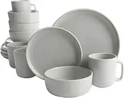 [Gibson Home] Zuma 16 Piece Round Kitchen Dinnerware Set, Dishes, Plates, Bowls, Mugs, Service for 4, Matte Stoneware, Light Grey