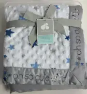NWT Just Born Oh So Cute Zebra White Navy Blue Star Baby Blanket Satin Grey Trim