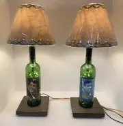 Pair Custom Bottle TABLE LAMPS Lounge Lights w/ USB Fairy Lights Wood Base Shade