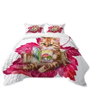 Funny Cat Ginger Kitten Reading a Book on Leaf Coverlet