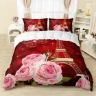 Oil Pink Rose Duvet Cover Set, King Size, Eiffel Tower Bedding Set for Girls