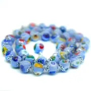 Murano Glass Necklace Light Blue Silver Multi 42 Beads Millefiori Venice 46cm