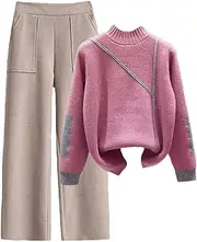 [Generic] Women's Crew Neck Pullover Sweater High Waist Thick Wide Leg Pants Two Piece Set Knitted Tracksuit Lounge Sets