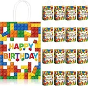 16 Pcs Building Block Party Present Bags Color Bricks Theme Treat Bags Kraft Paper Goodie Favor Bags with Handle for Birthday Baby Showers Building Block Party Supplies Decoration (White Background)