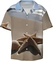 [VPPUR] Starfish Seashell Sandy Beach Print Fashion Short Sleeve Button Down Cuban Collar Shirt Left Chest Convenient Pocket