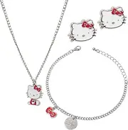 Hello Kitty Jewellery Girls Set, Necklace, Bracelet & Children's Stud Earrings - Gifts for Girls Teens, Einheitsgröße, 60% zinc alloy, 30% iron, 10% enamel, No Gemstone