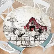 Round Fitted Tablecloth with Elastic Edge Farmhouse Rooster Outdoor Tablecloth Waterproof Table Cover for Picnic Dinner Party Decor Fits 48-52" Diameter Round Tables