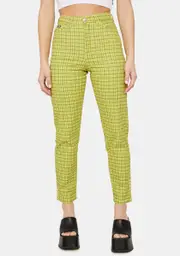 [Minga] Lime Green Checkered Denim Mom Jeans
