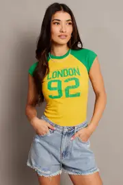 Yellow Graphic Tee Raglan Short Sleeve - Size XS, Women's Graphic Tee