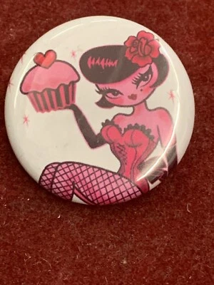 Fluff Designer Tattoo Badge Pink Cup Cake Fishnet Pin Up Girl Rockabilly