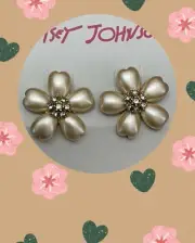Betsey Johnson Beige Enamel Crystal Accent 5 Petal Flower Stud Earrings