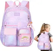 School Bookbags | Comfortable School Bookbags Waterproof | Gradient Pink Elementary School Bag, Rainbow Backpack School Bookbags with Widened Thickened Shoulder Straps Reduce Shoulder Pressure Yongbao